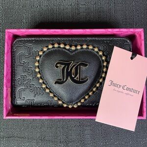 Juicy Couture Black Faux Leather Gold Bifold Beaded Heart Wallet Zipper NEW NWT